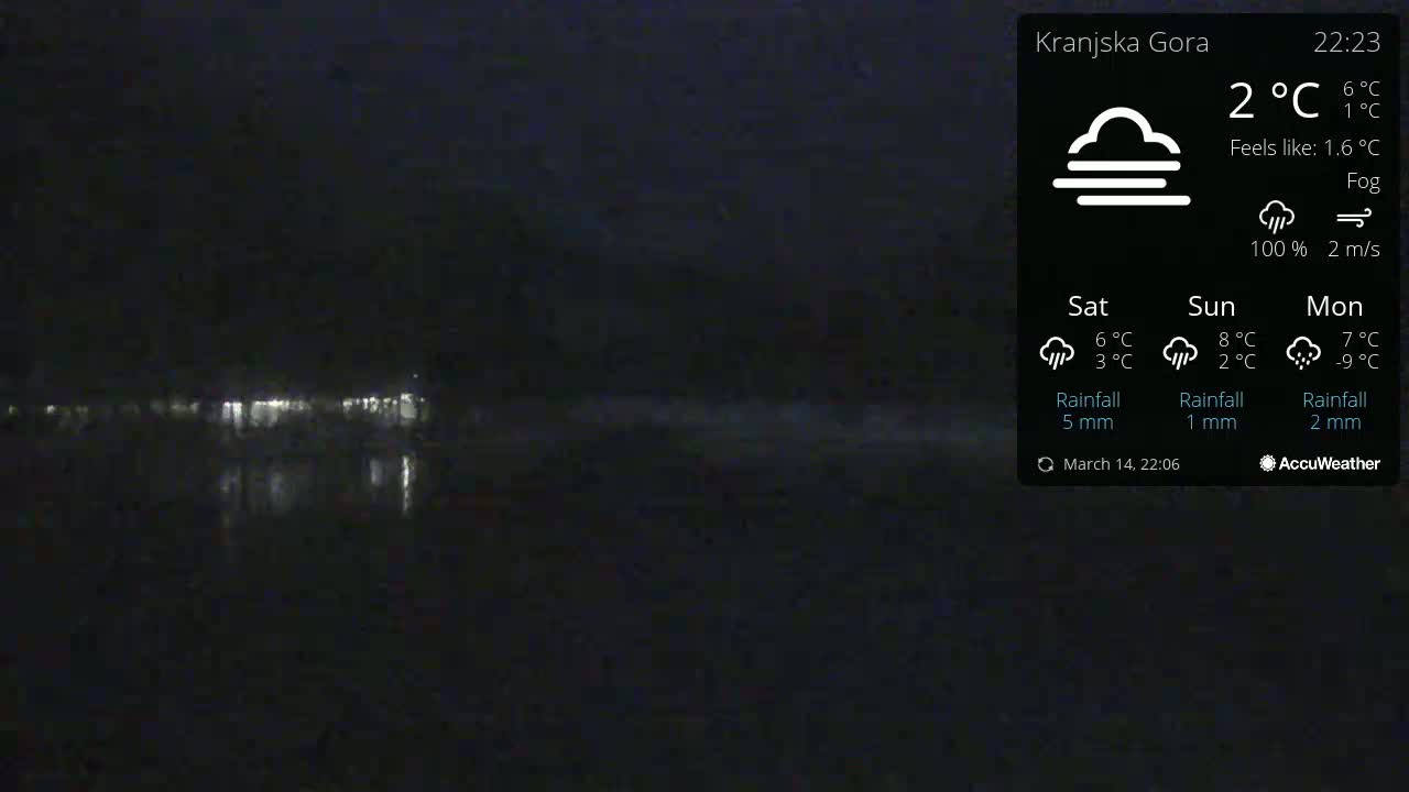 A nighttime, foggy scene shows a body of water reflecting faint lights from a distant shoreline.