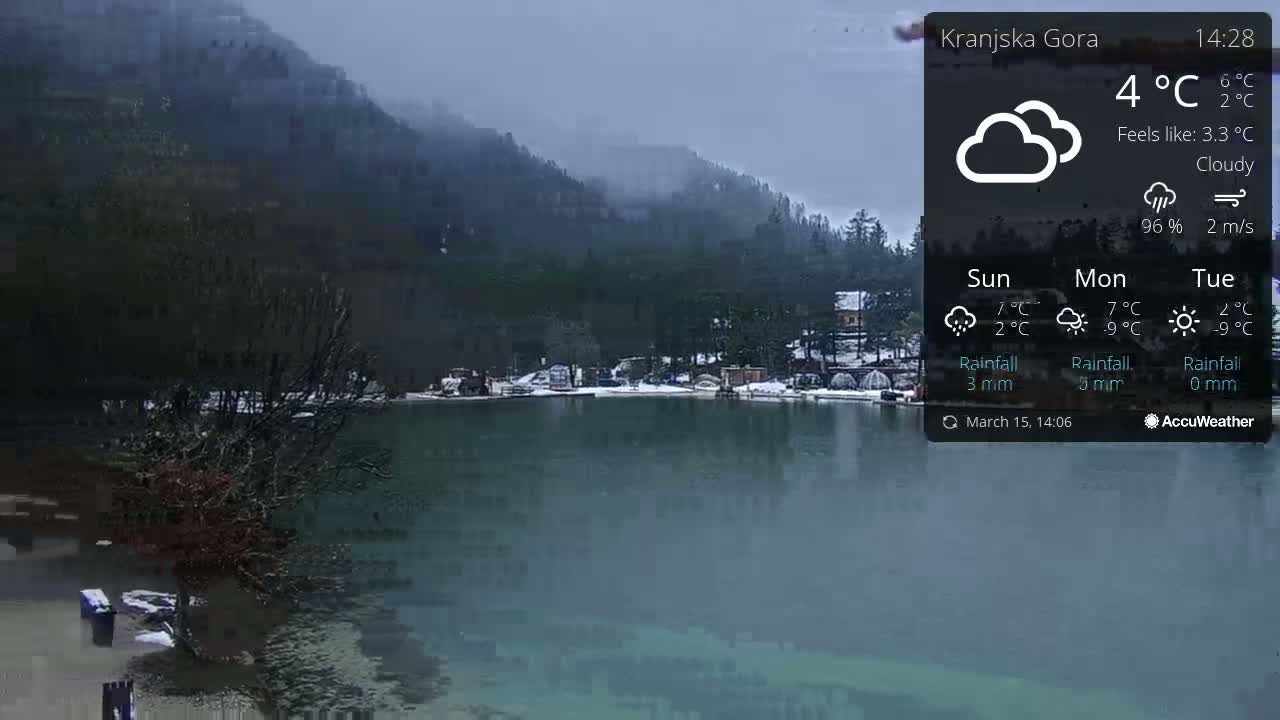 A body of dark-green water sits before a snow-dusted shoreline and a clouded, forested mountainside under a cloudy sky.