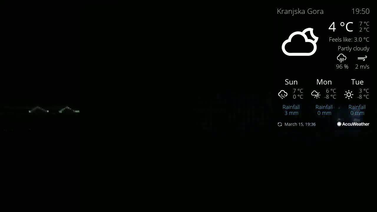A dark image shows a weather forecast displaying partly cloudy conditions with a temperature of 4°C and a wind speed of 2 m/s.