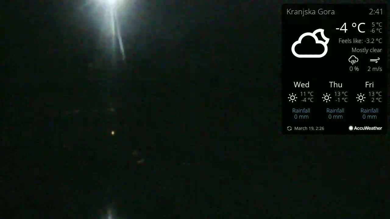 A mostly clear night scene is shown with a bright light source creating lens flare, the temperature is -4°C.