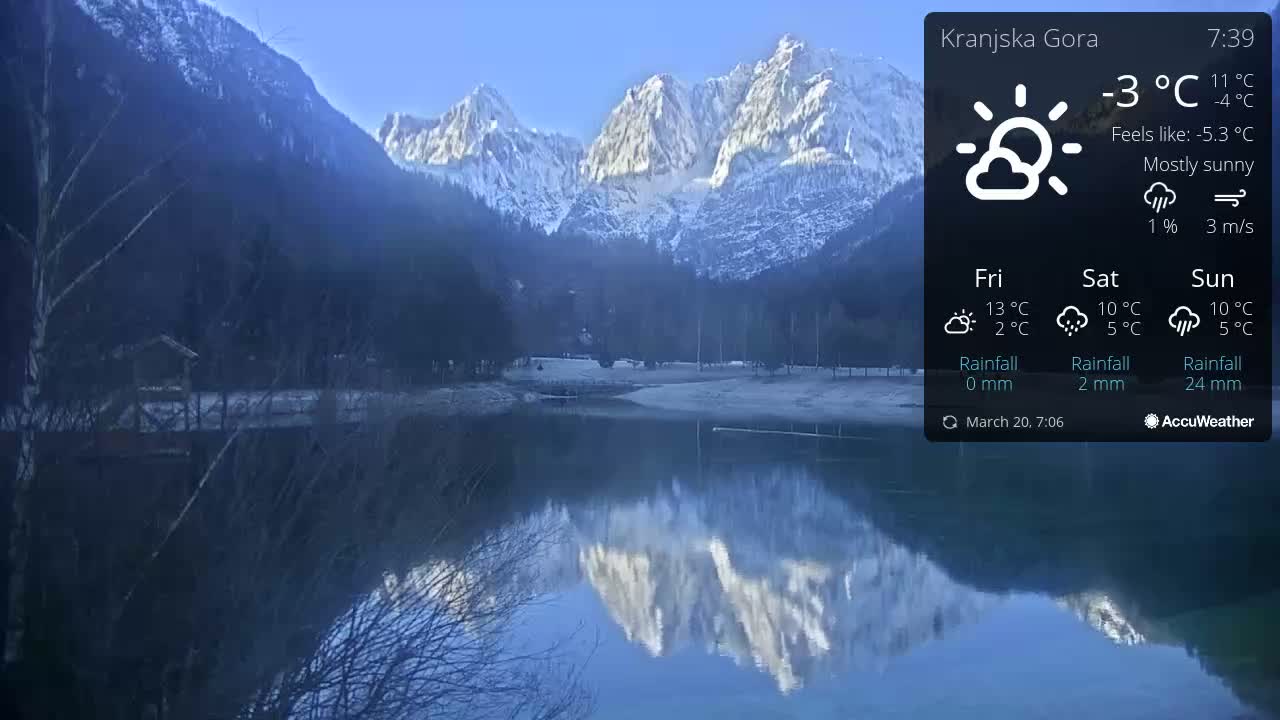 A calm lake reflects snow-capped mountains under a mostly sunny sky.