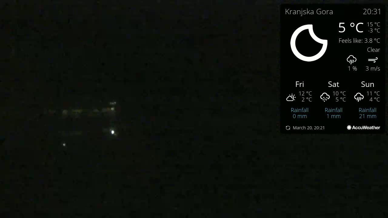 A nighttime, clear outdoor scene shows a few distant lights in the darkness.
