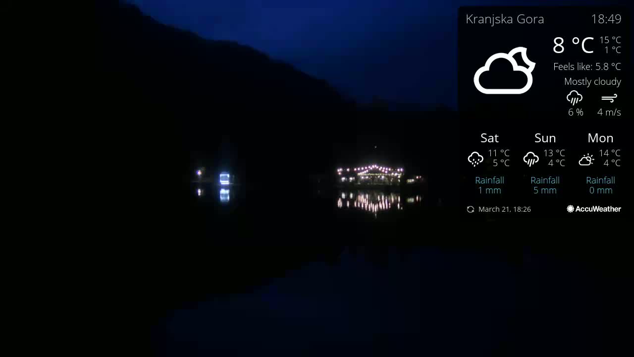 A nighttime view of a lake reflecting the lights of buildings on the opposite shore under a mostly cloudy sky.