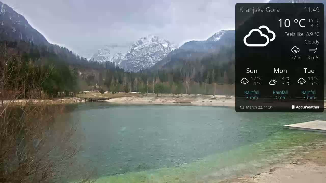 A calm lake with greenish water sits in front of a mountain range partially covered in snow, under cloudy skies.