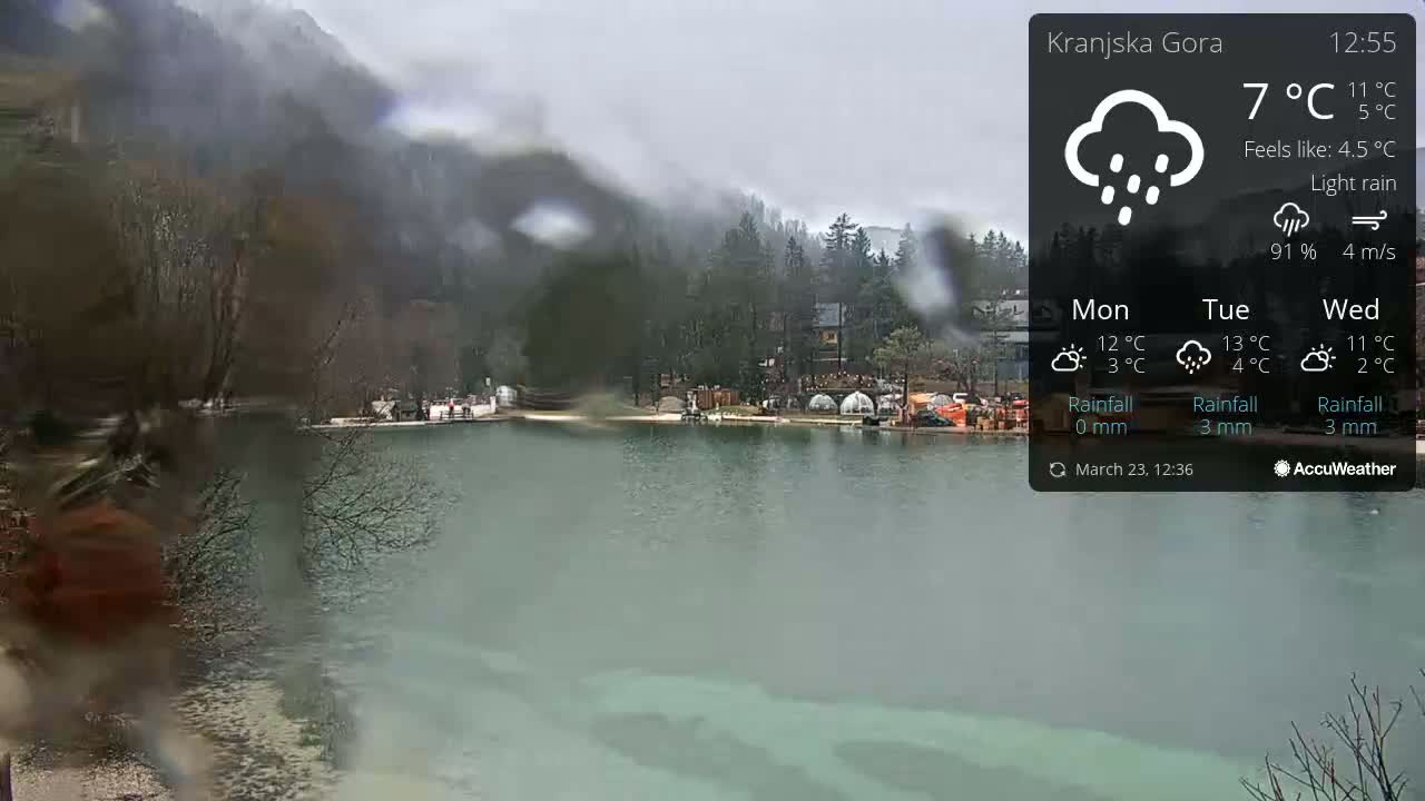 A rain-streaked view shows a calm lake surrounded by trees and a few buildings under a light rain.