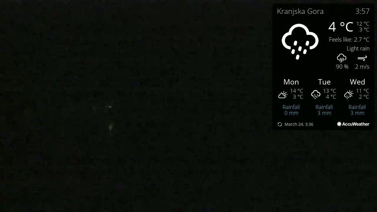 A dark, nighttime image shows light rain falling under a mostly dark sky.