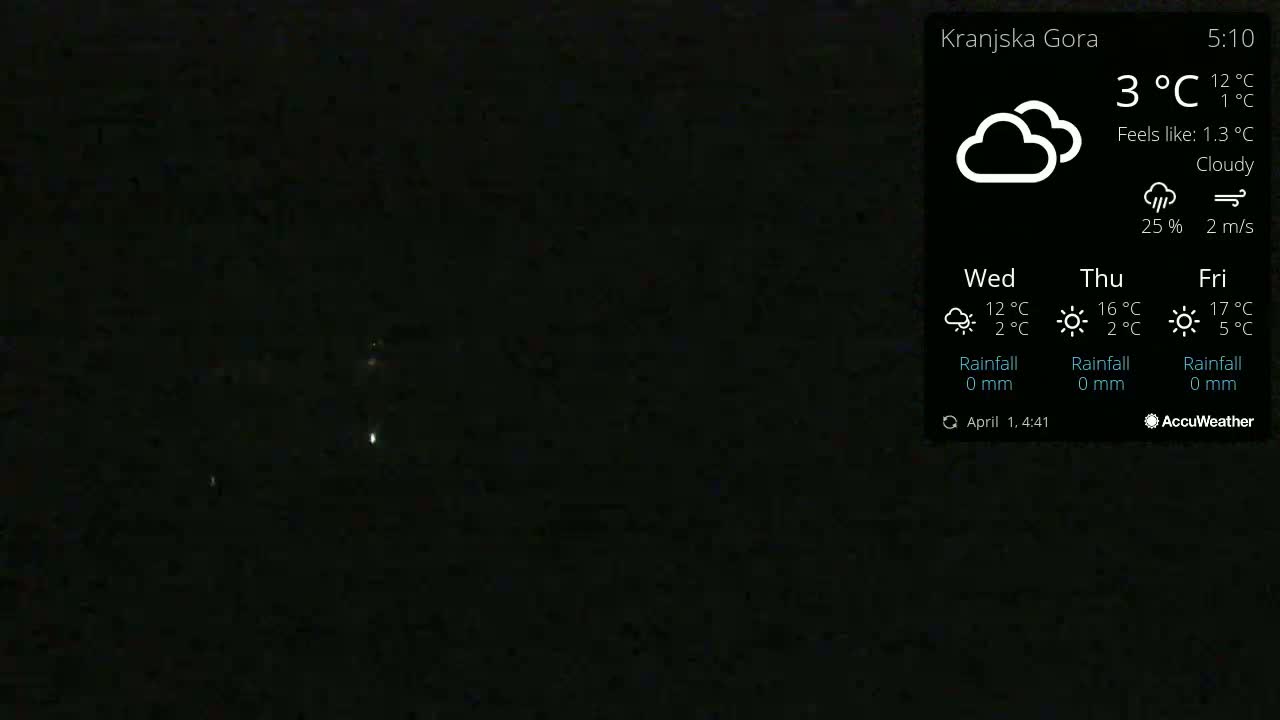 A dark, nighttime outdoor scene under cloudy skies shows a few distant lights.