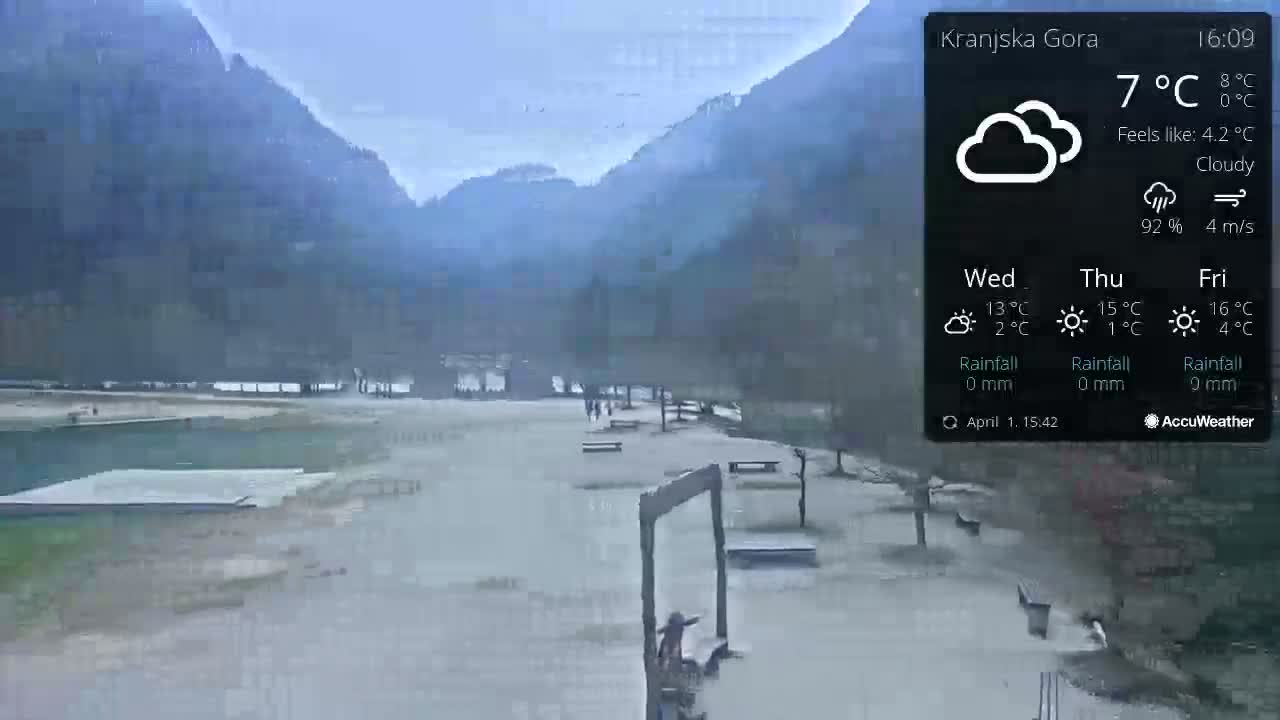 A cloudy, 7°C outdoor scene shows a mostly empty plaza near a body of water, backed by mountains.