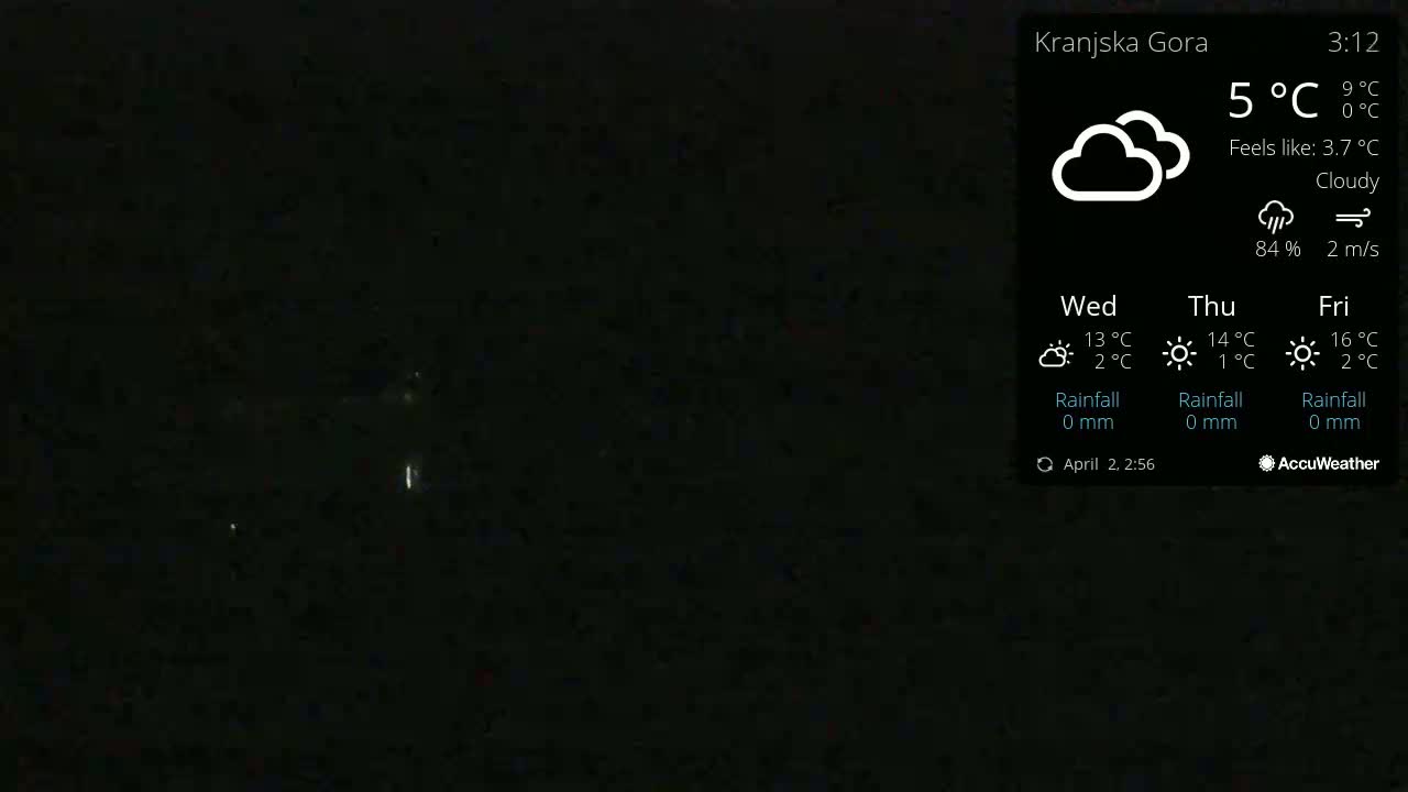 A mostly dark image shows a few faint lights in the distance under a cloudy sky, with a current temperature of 5°C.