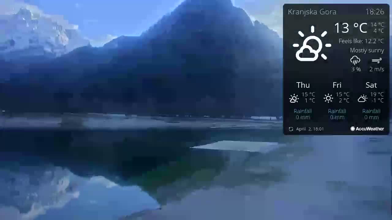 A mostly sunny, calm day is shown over a still body of water reflecting mountains under a partly cloudy sky.
