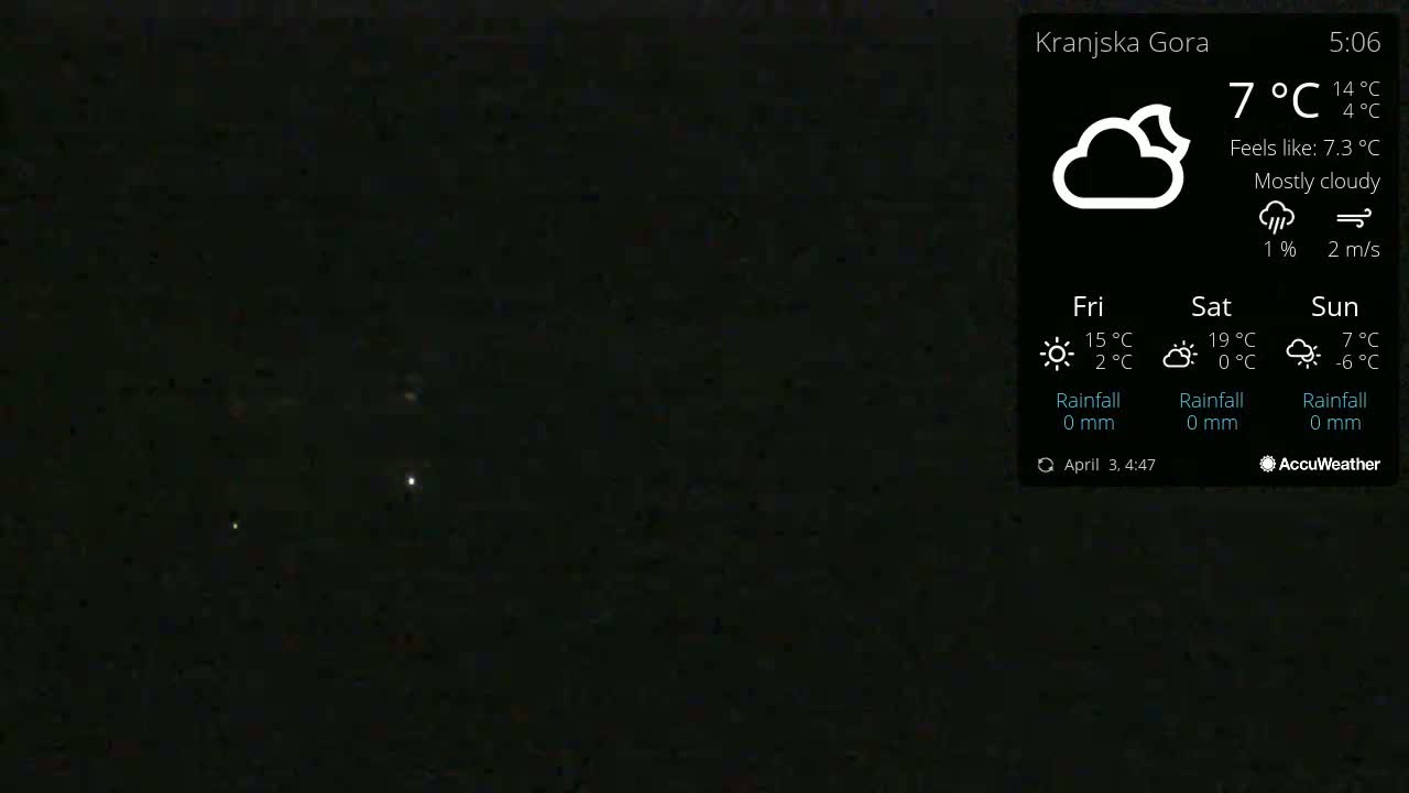 A mostly cloudy night sky with a few faint lights visible.