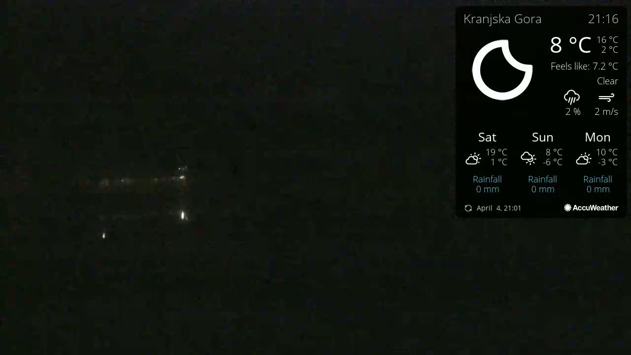 A dark nighttime scene shows a few distant lights, under a clear sky with an 8°C temperature.