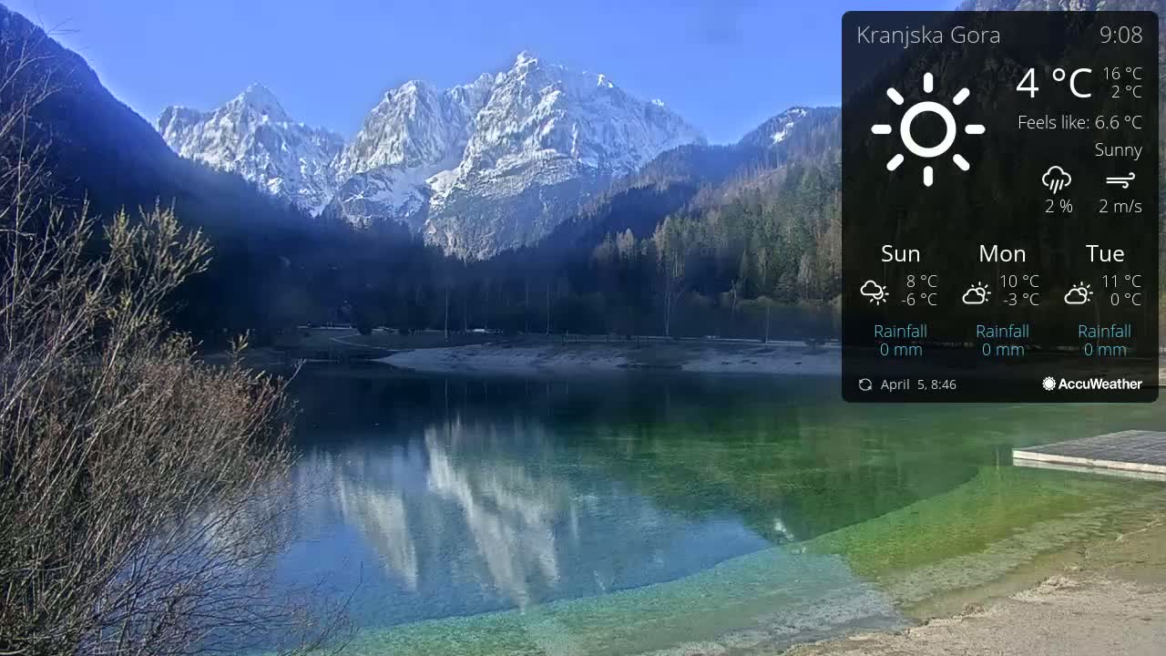 A tranquil lake reflects snow-capped mountains under a sunny sky.