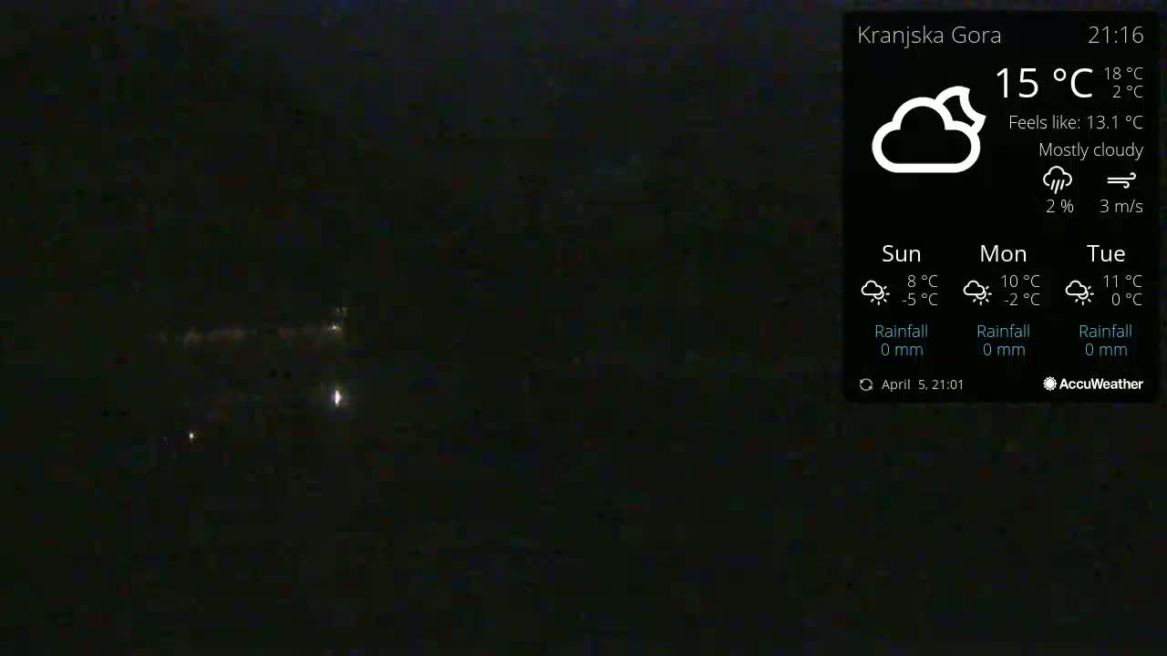 A mostly cloudy night scene shows a few distant lights below a dark sky.