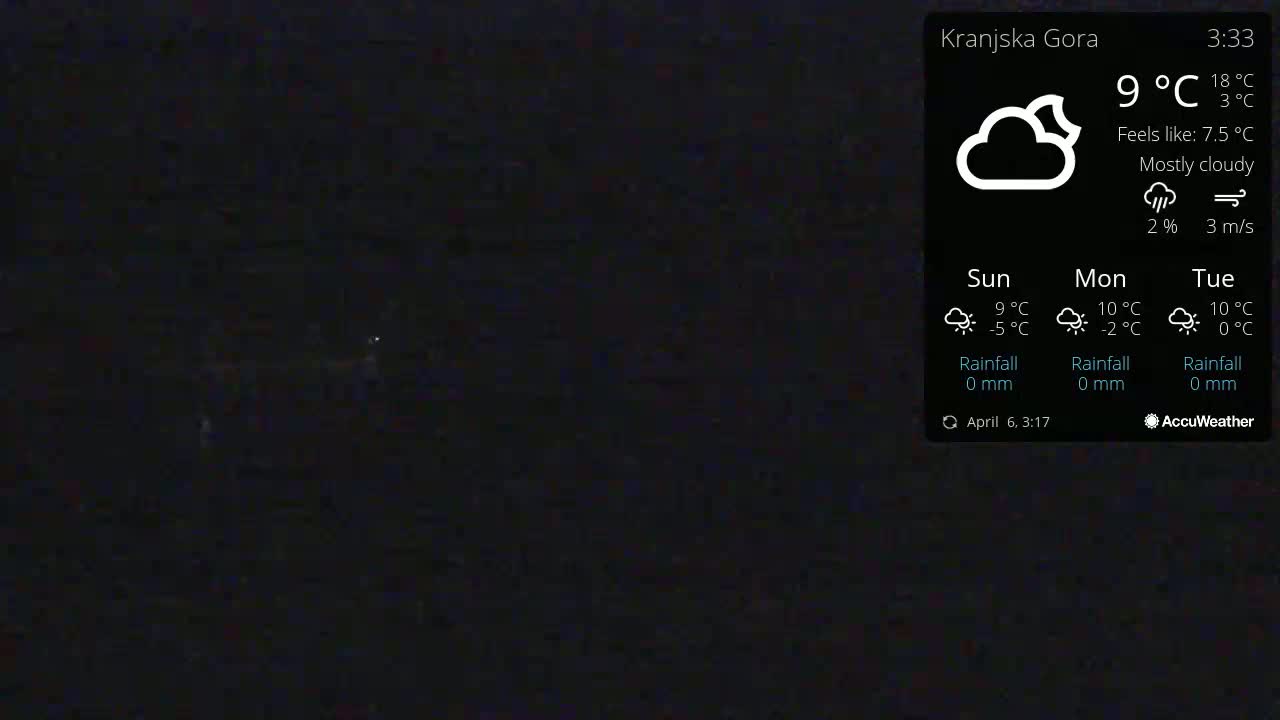 A mostly cloudy night scene with a temperature of 9°C.