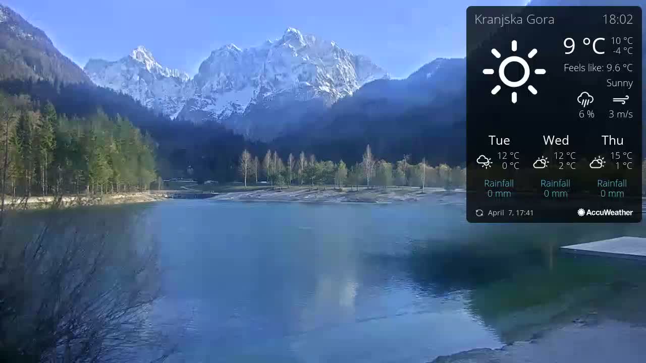 A calm lake reflects snow-capped mountains under a sunny sky.
