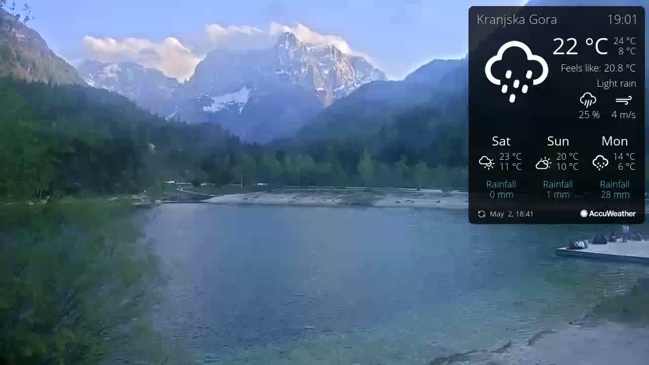 A calm lake reflects a mountain range under a lightly rainy sky.