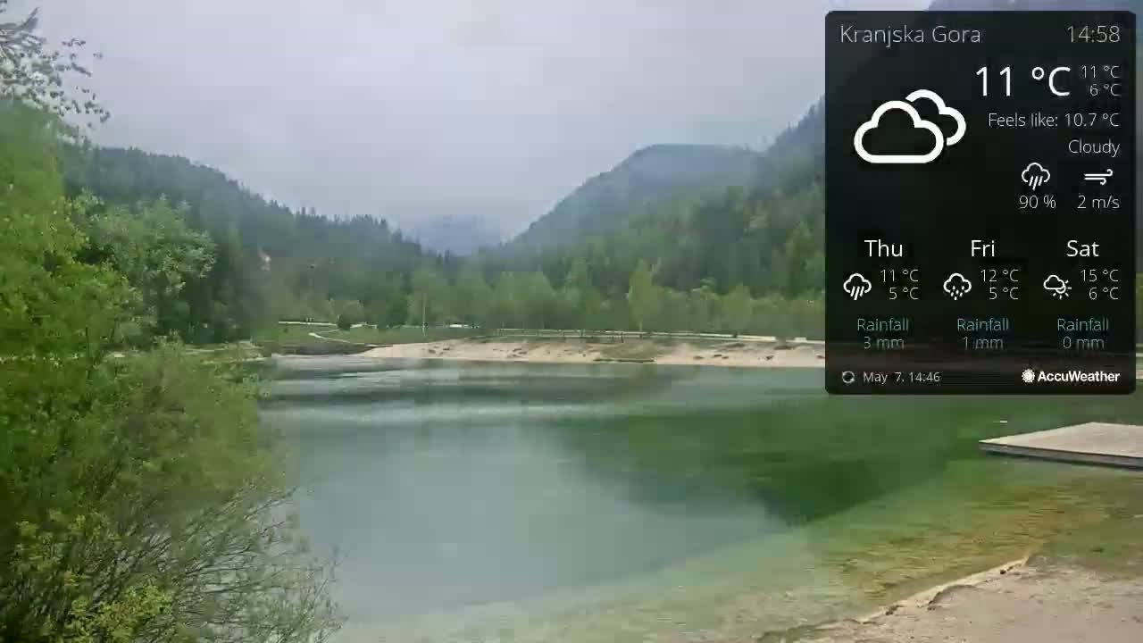 A calm, cloudy lake is nestled between lush green hills under a gray sky.