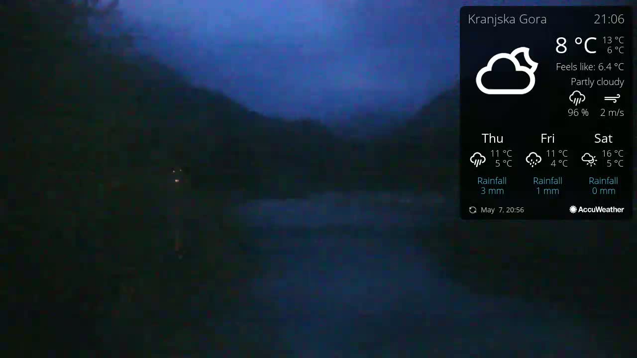 A dark, partly cloudy night scene shows a body of water in front of dark mountains.