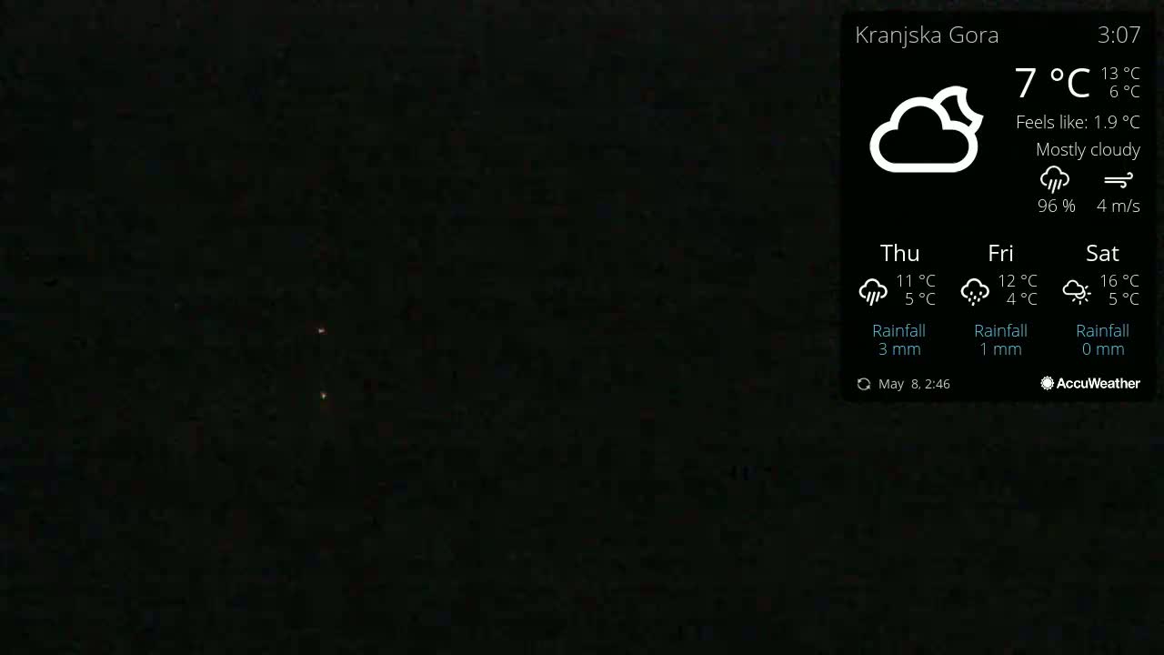A mostly cloudy night sky with two faint lights visible.