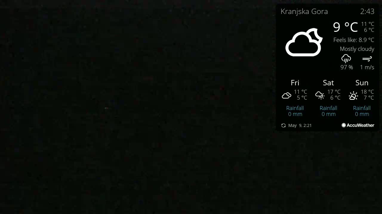 A mostly cloudy night sky is shown, with a temperature of 9°C.