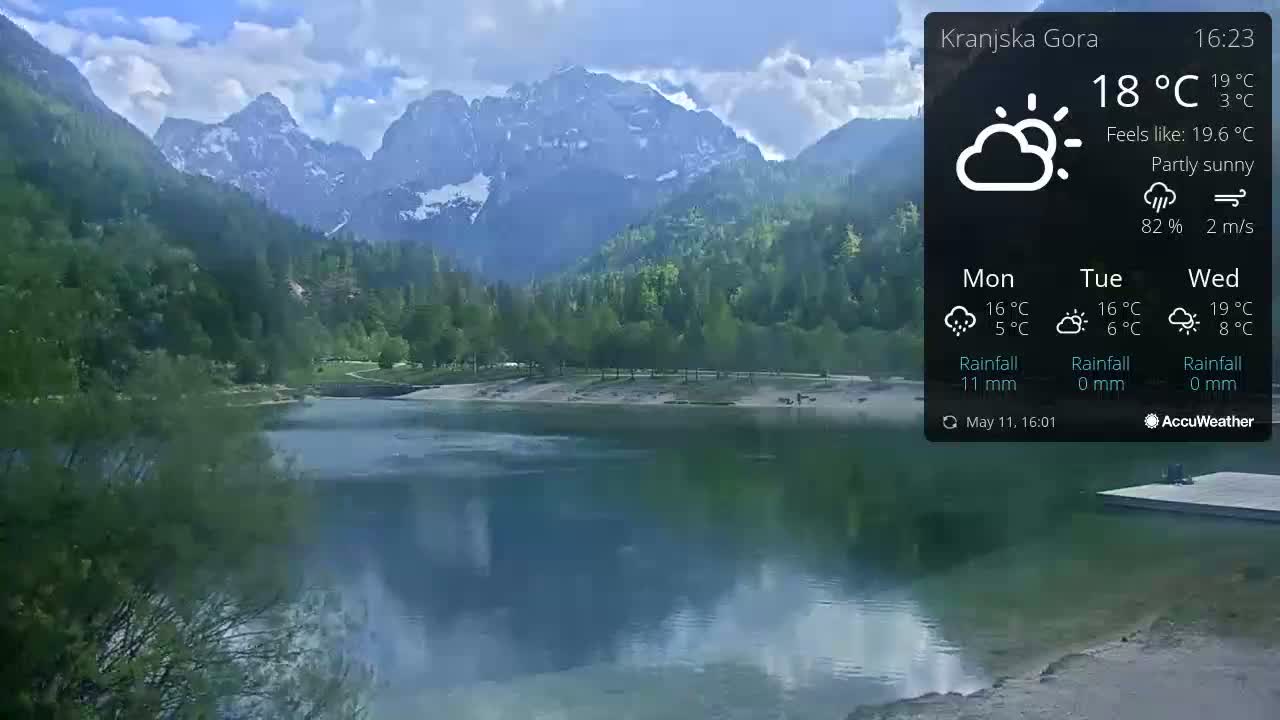 A calm lake reflects the partly sunny sky and snow-capped mountains under a partly sunny sky.