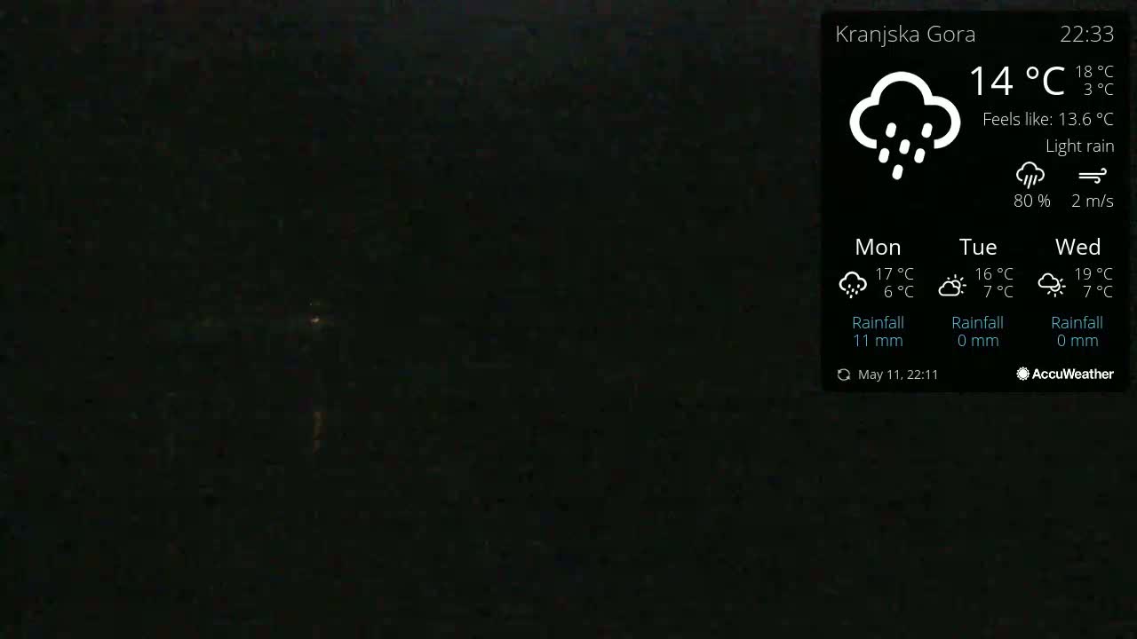 A dark, nighttime scene with light rain.
