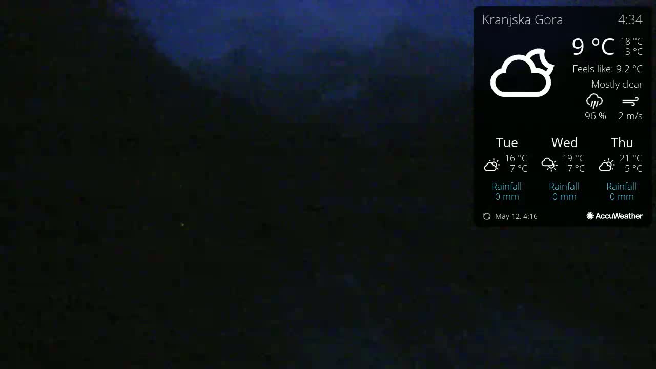 A dark, mostly clear night scene shows a dark mountainside under a mostly clear sky.