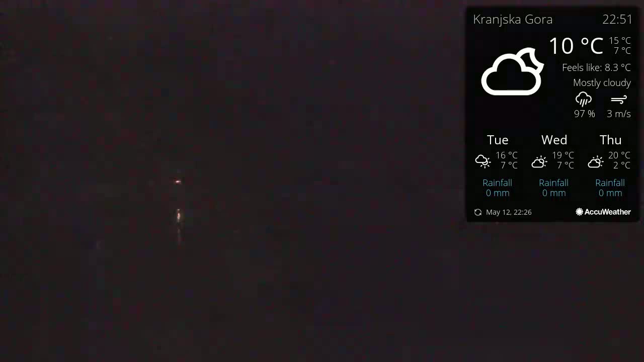 A mostly cloudy night scene with a temperature of 10°C.