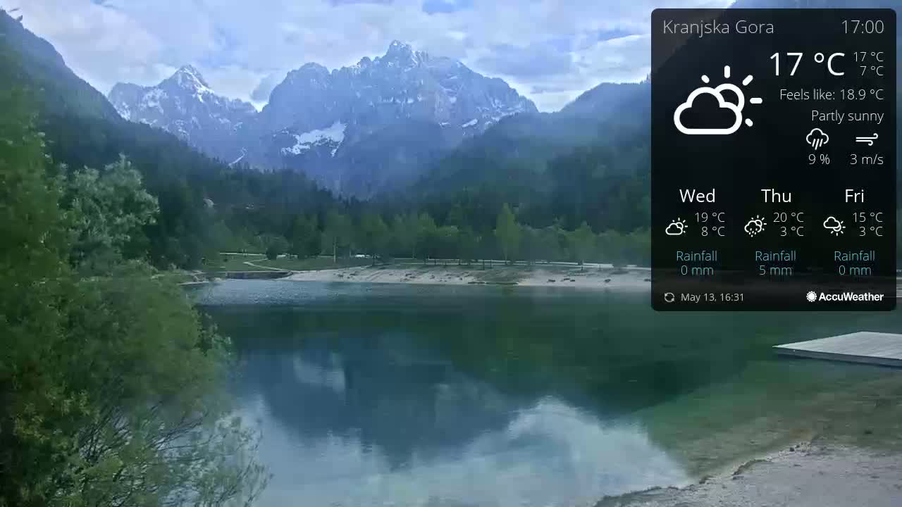 A partly sunny view of a calm lake reflecting snow-capped mountains under a partly cloudy sky.