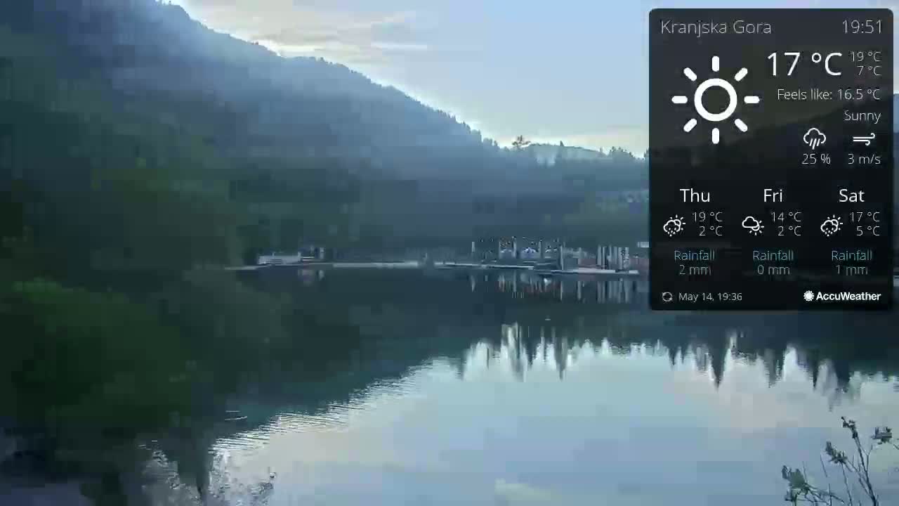 A calm lake reflects a sunlit mountain range under a sunny sky with a slight breeze.