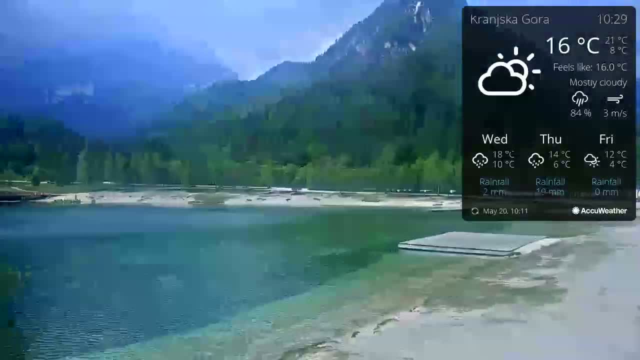 A mostly cloudy day shows a calm lake next to a sandy shore, with mountains rising in the background.