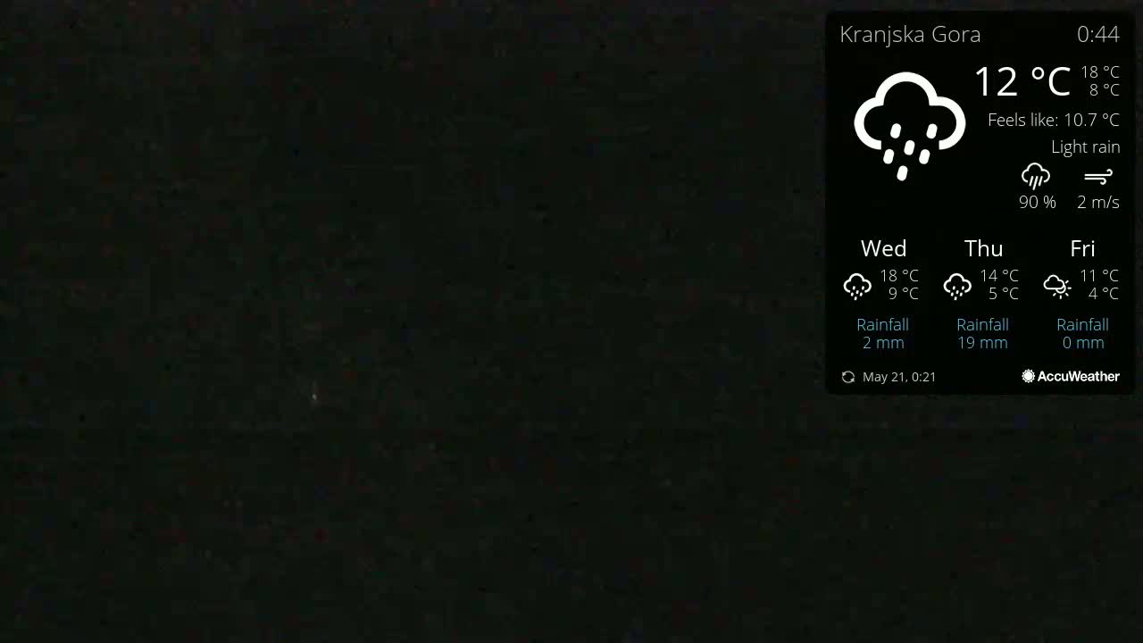 A dark, nighttime scene with light rain.