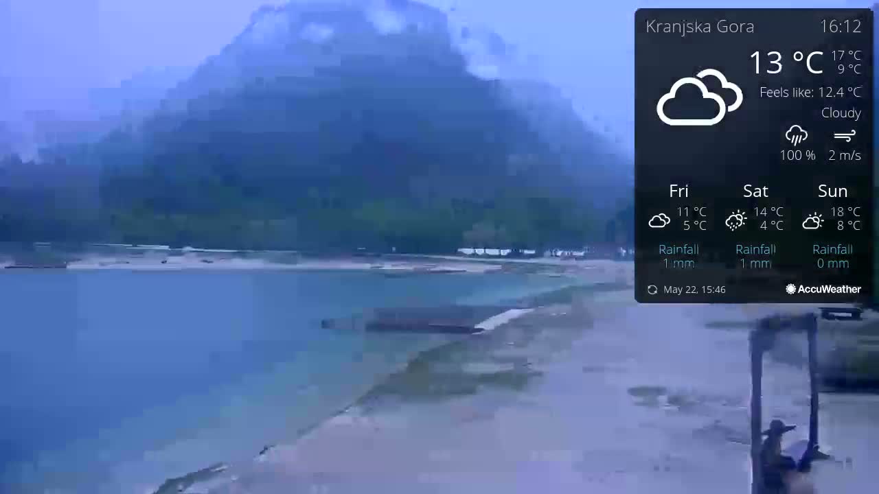 A cloudy, calm day shows a body of blue water near a shoreline with a mountain in the background.