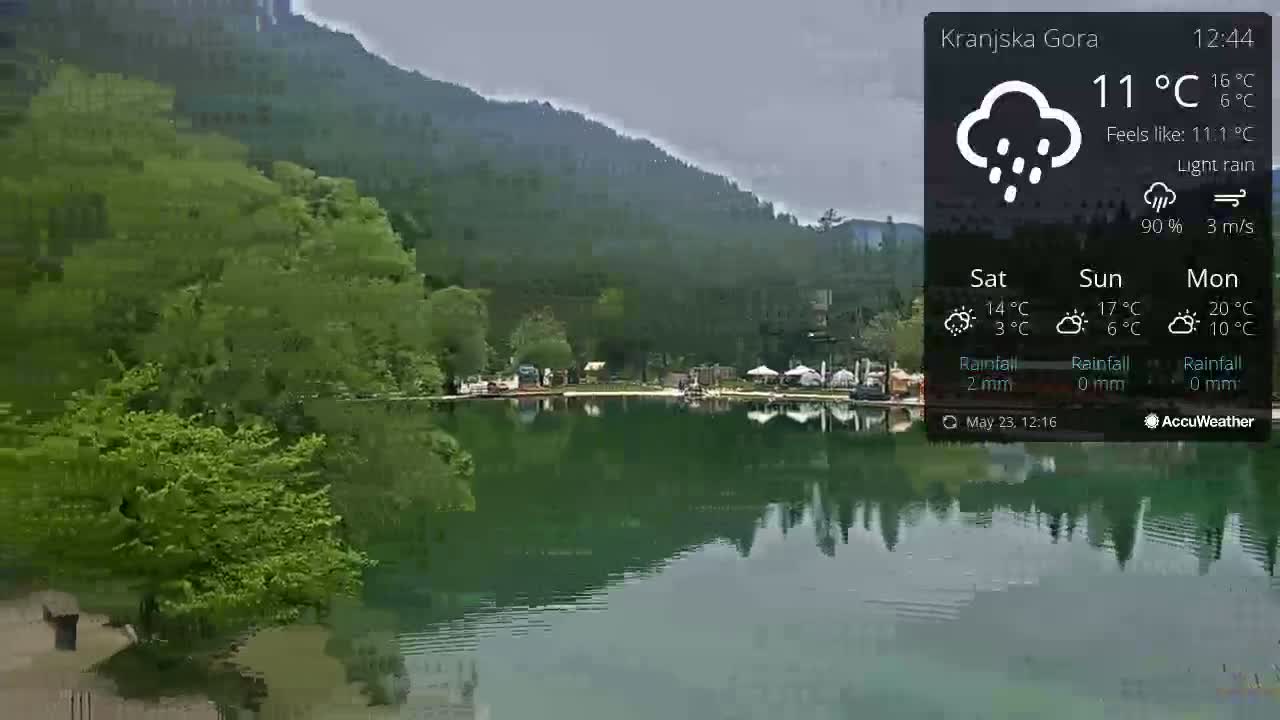 A calm lake reflects a green hillside under a light rain.