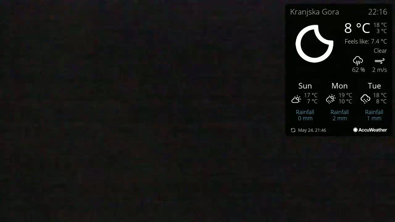 A dark, mostly black image shows a weather display indicating clear skies and a temperature of 8°C.