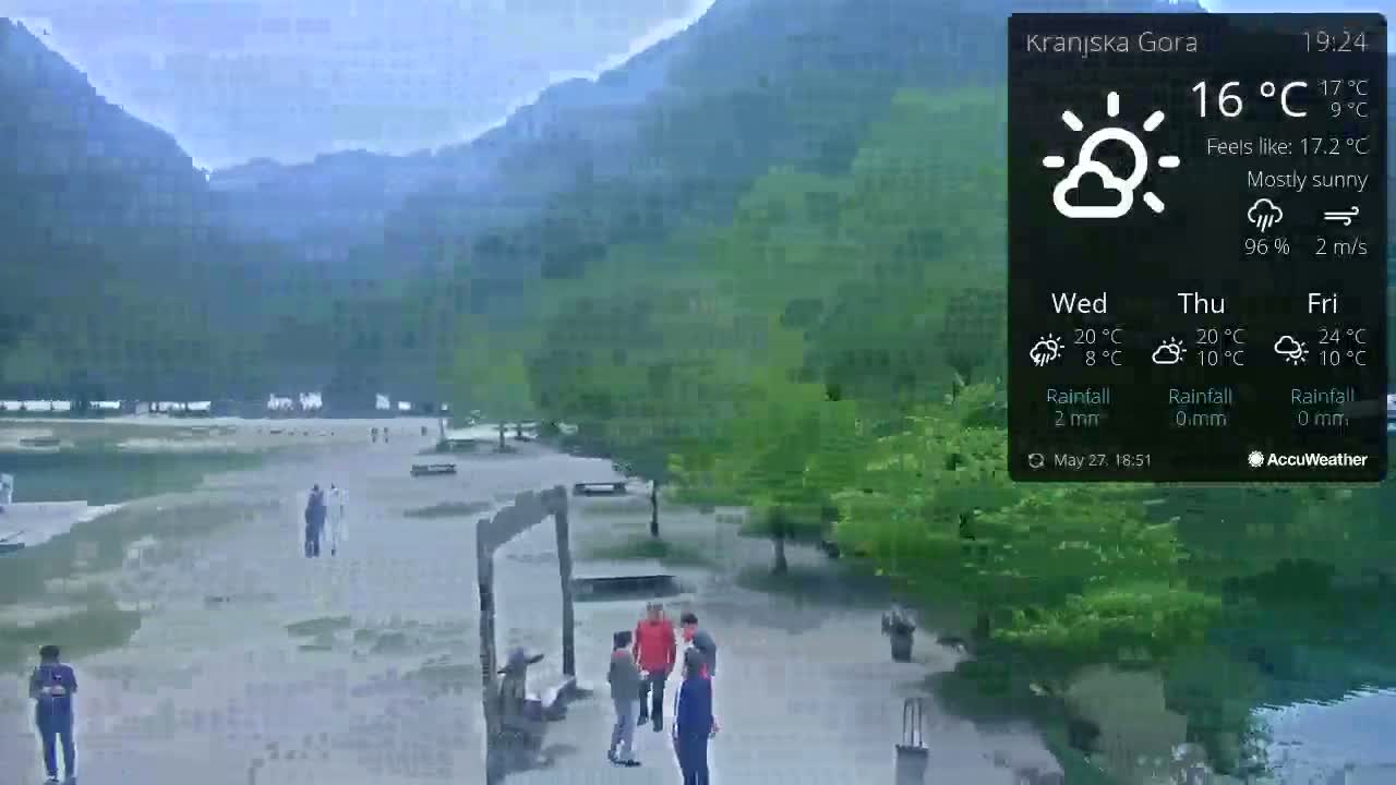 A mostly sunny outdoor scene shows a paved area with several people walking near a body of water and green mountains in the background.