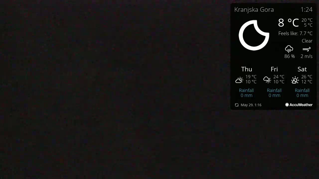 A dark, mostly black image shows a weather widget indicating clear skies with a temperature of 8°C and a wind speed of 2 m/s.