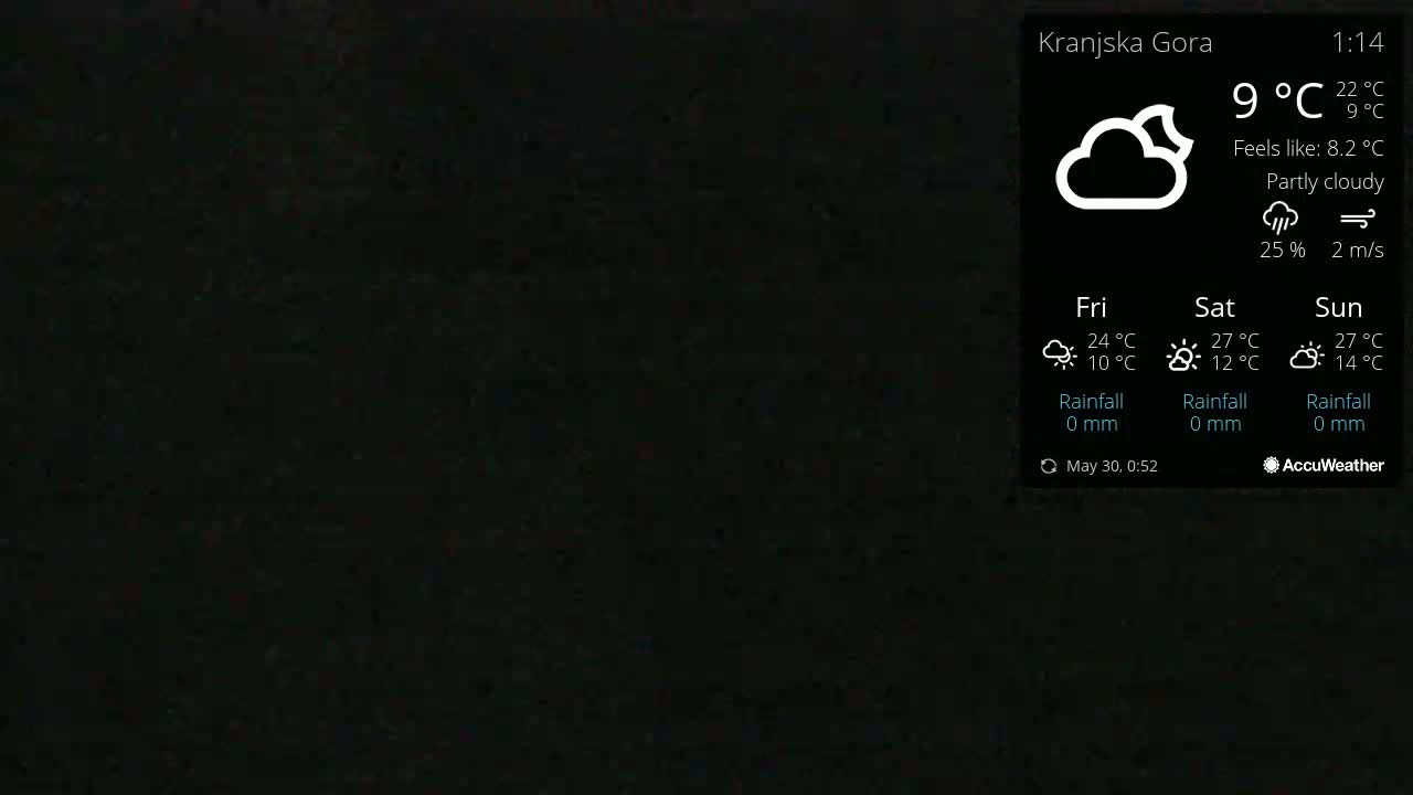 A mostly dark image shows a partly cloudy sky with a temperature of 9°C.