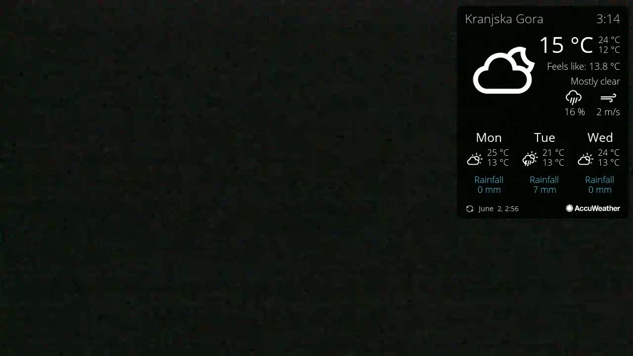 A mostly clear night sky with a temperature of 15°C and a gentle wind.