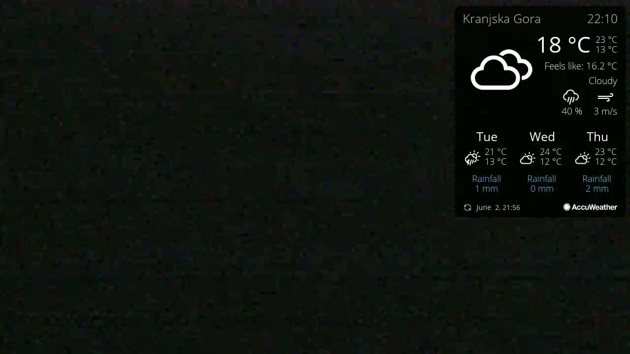 A mostly black screen displays a weather forecast showing cloudy conditions with a temperature of 18°C and a wind speed of 3 m/s.