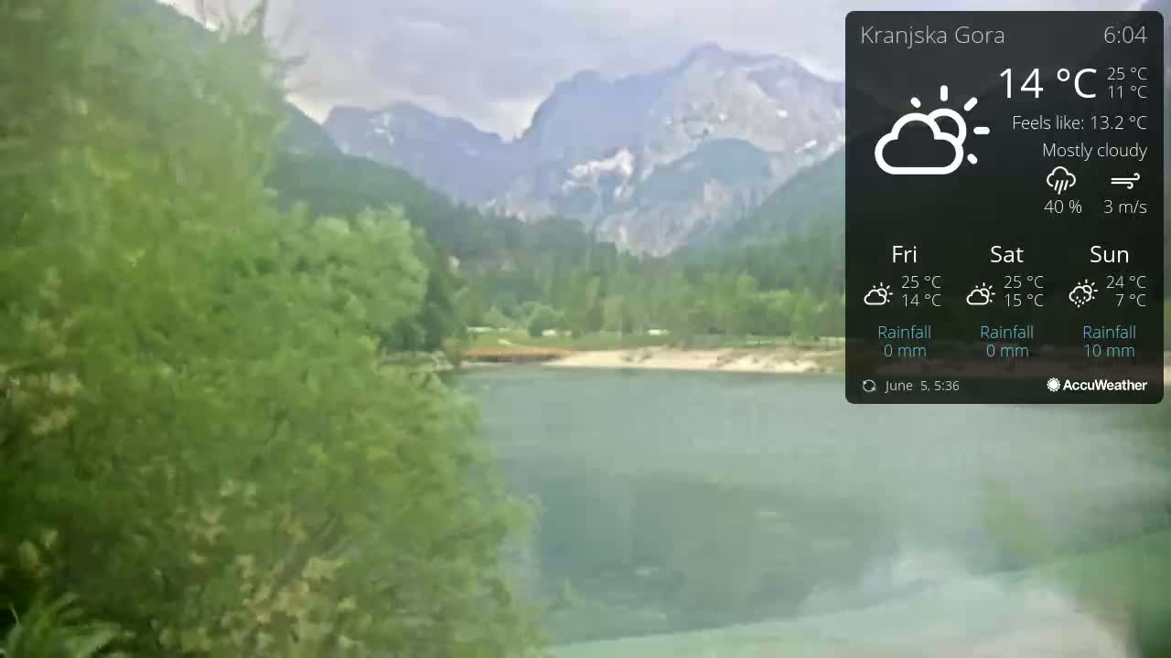 A mostly cloudy view of a lake and mountains, with green vegetation in the foreground.