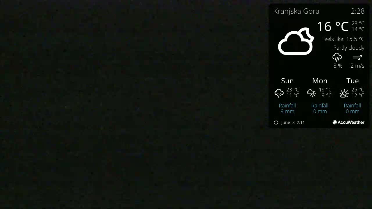 A dark background displays a partly cloudy weather forecast showing a current temperature of 16°C and a wind speed of 2 m/s.