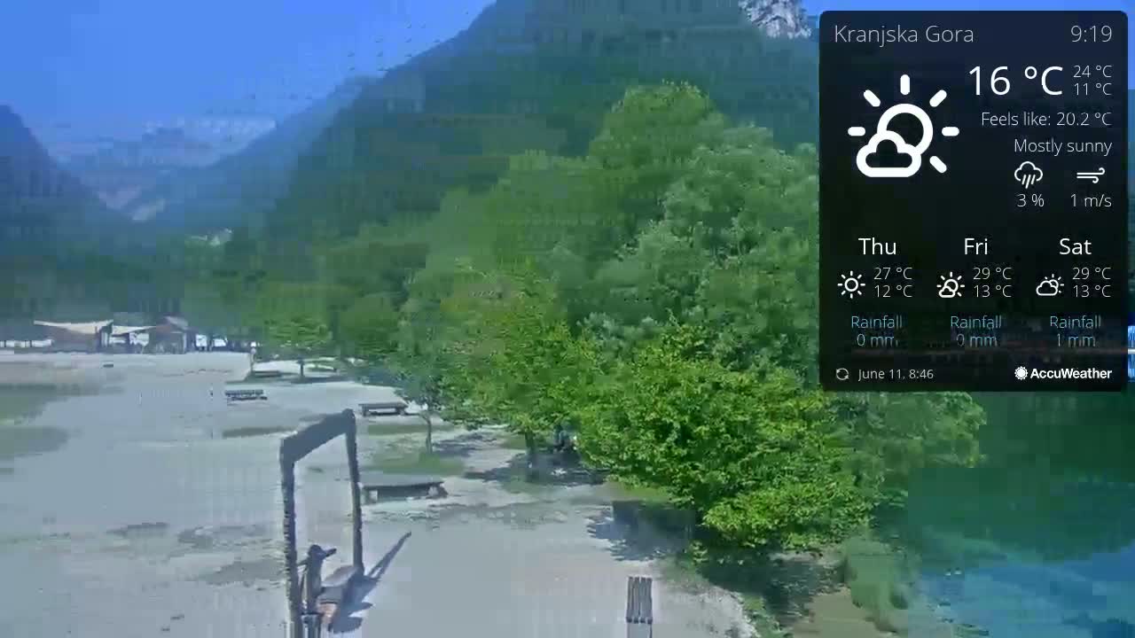 A mostly sunny outdoor scene shows a flat, sandy area with picnic tables and a few buildings near lush green trees and mountains in the background.