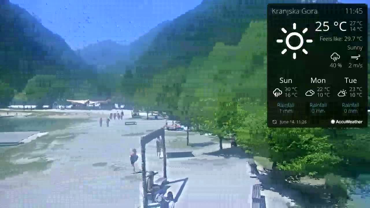 A sunny day shows a beach area with people near a body of water and green mountains in the background.