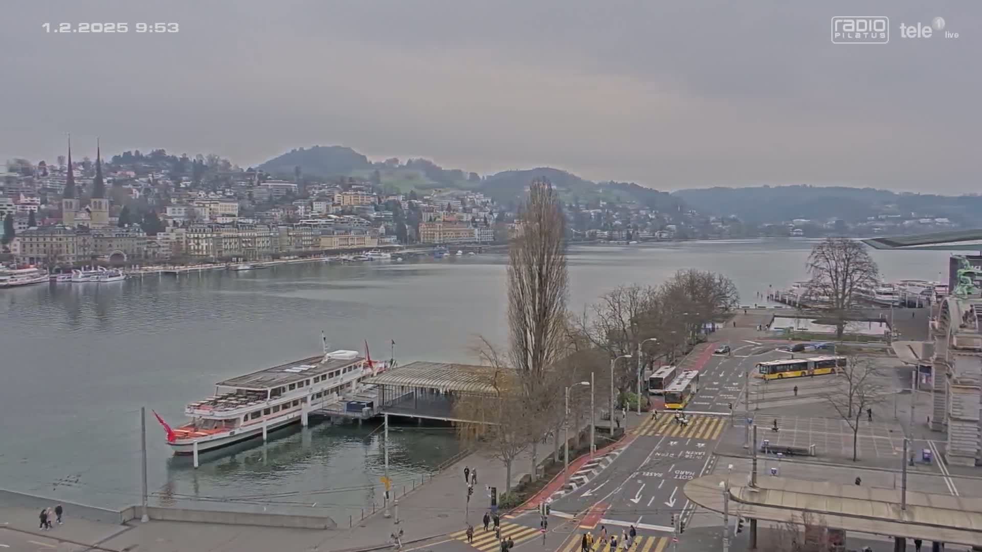 A large body of water with a docked passenger boat is in front of a city on a hill under an overcast sky.