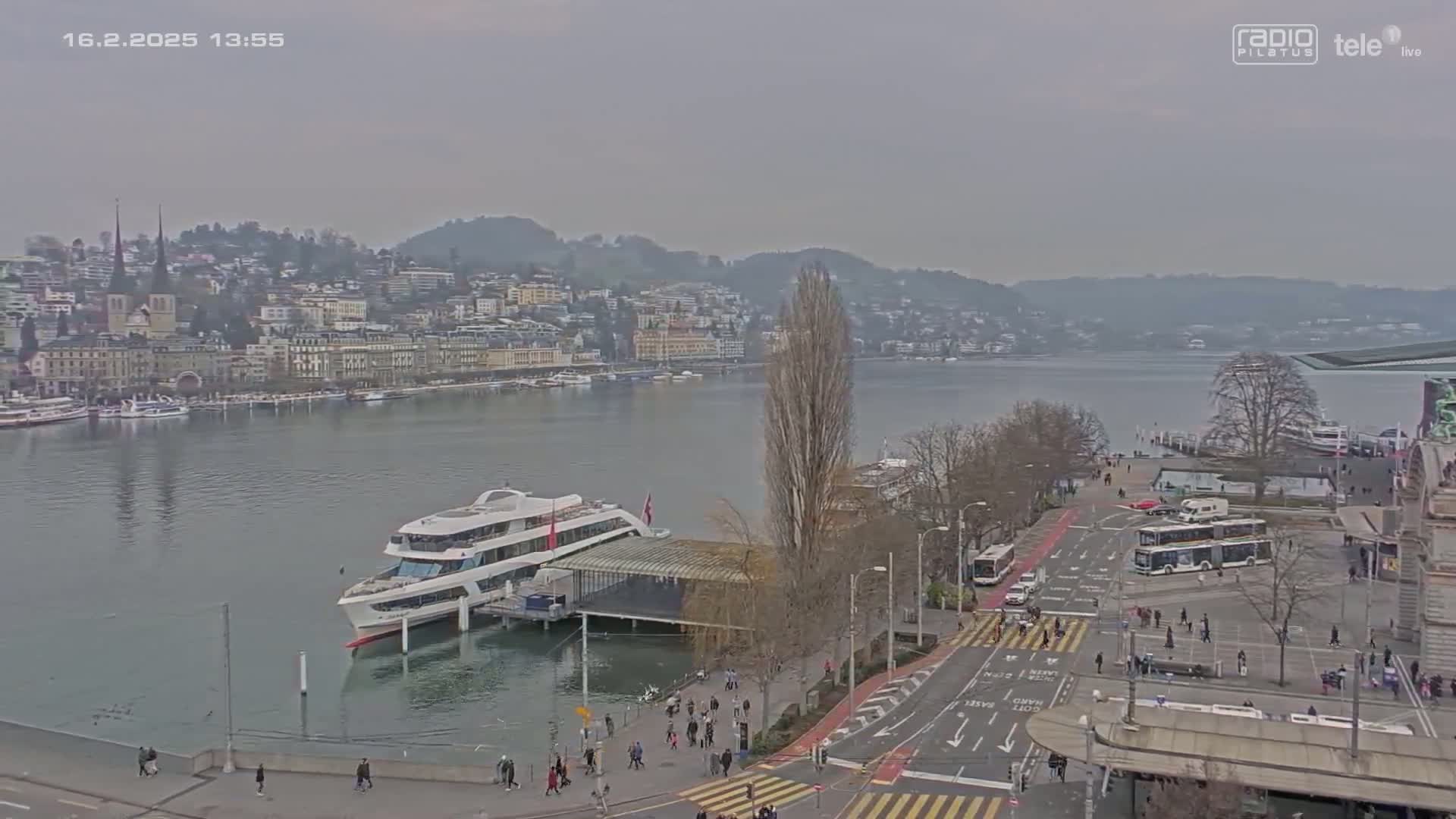 A large passenger boat is docked near a city waterfront on an overcast day, with many people walking along the shore and roadways.