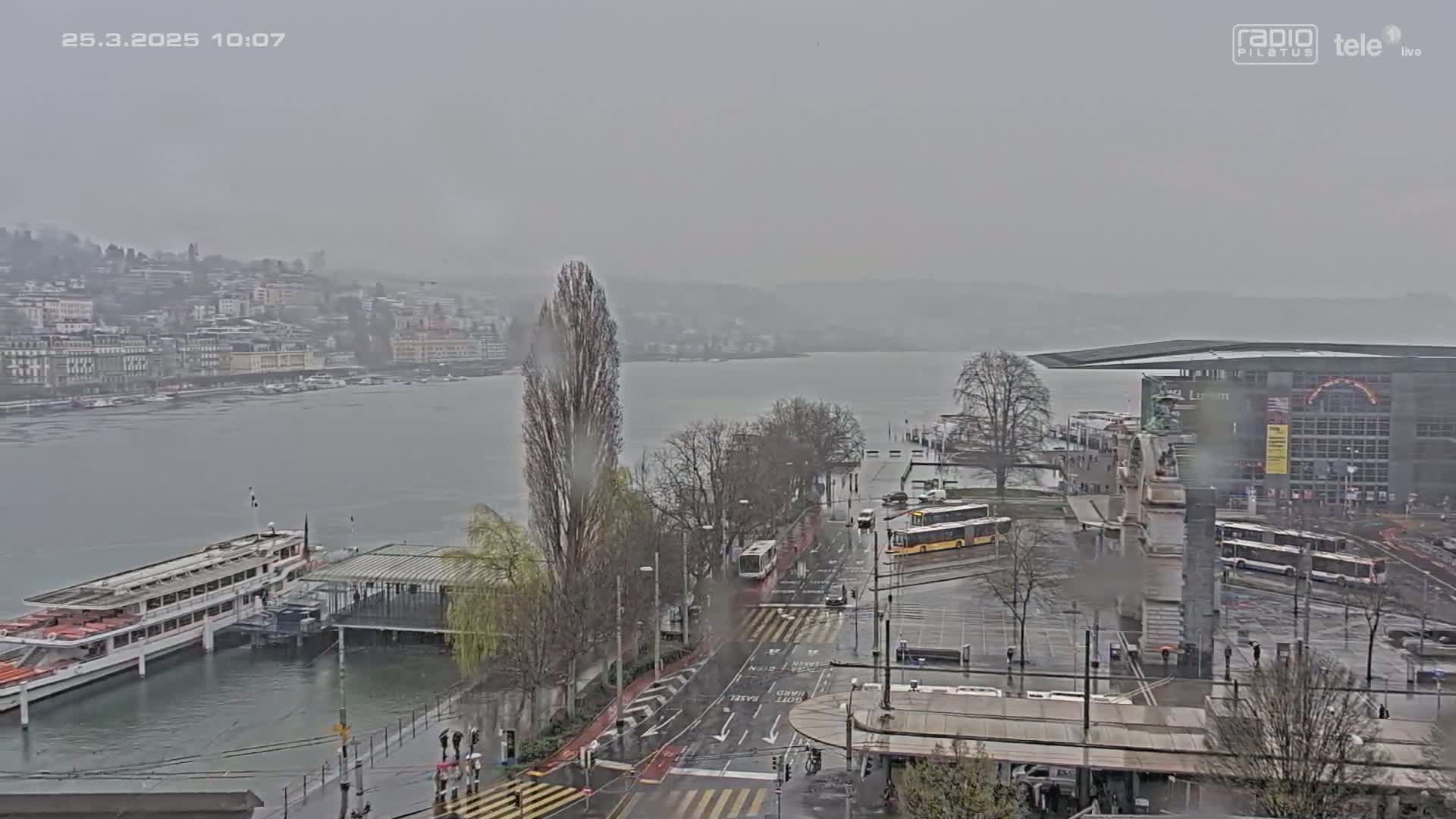 A rainy, hazy view of a city waterfront with a lake, buildings, buses, and a large passenger boat docked at a pier.