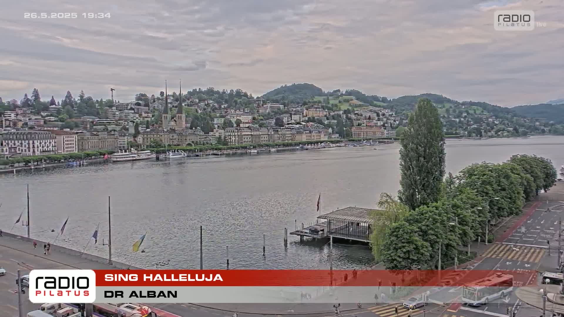A lakeside city with overcast skies is seen from a distance, featuring a calm body of water with boats, a shoreline with buildings and trees, and a road with pedestrians.