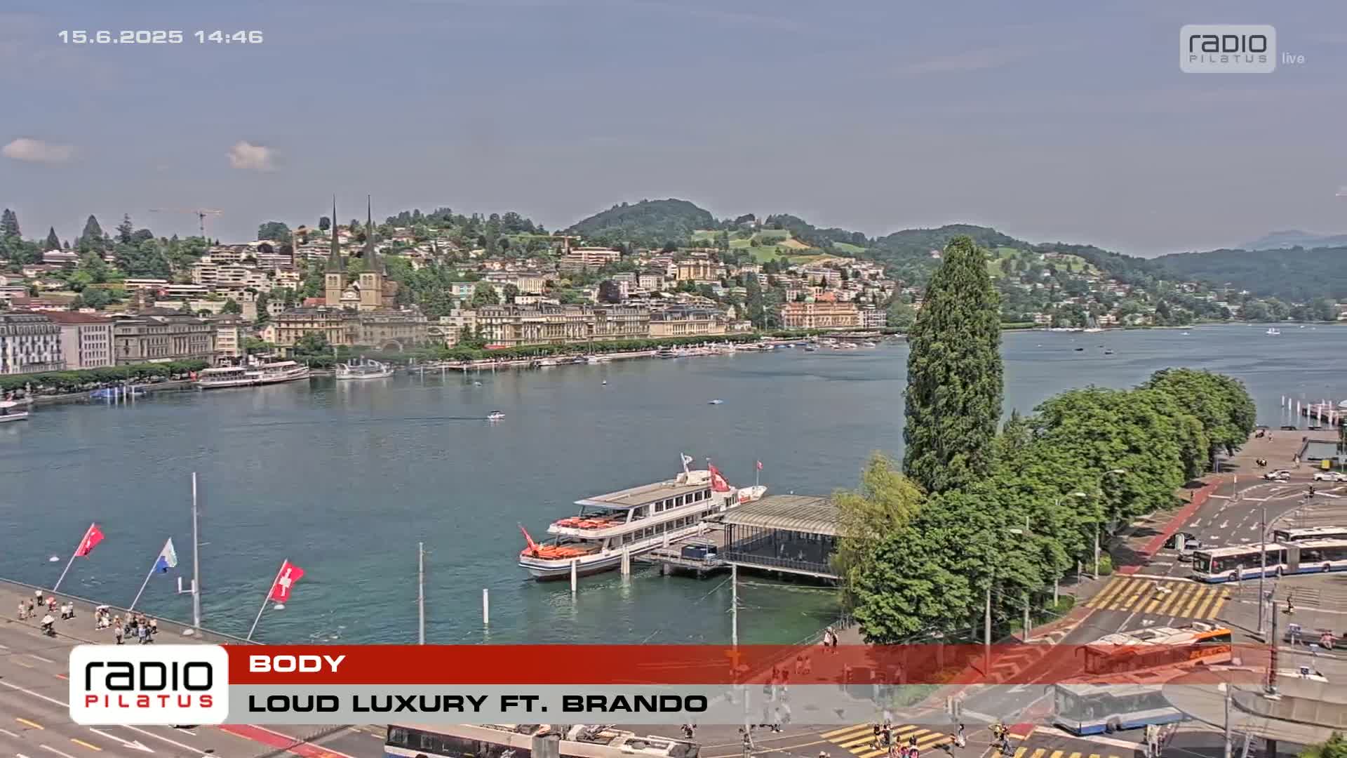 A sunny day overlooking a lake with a town on the shore, featuring boats docked near a waterfront area with trees and roads.